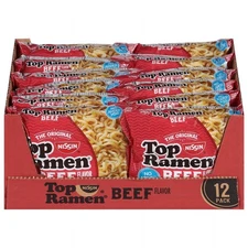 Nissin Foods Top Ramen Noodle Soup, Beef Flavor, 3 oz Bag, 12 Count