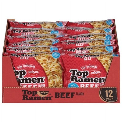 Nissin Foods Top Ramen Noodle Soup, Beef Flavor, 3 oz Bag, 12 Count