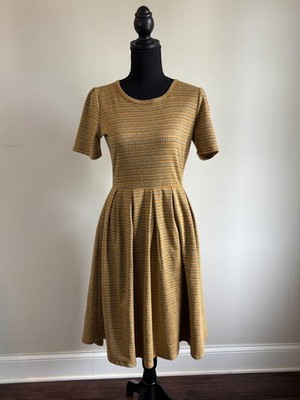 LuLaRoe Amelia Dress Womens Medium M Gold Black Metallic Jacquard Pleated Pocket