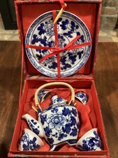 Vintage Chinese Porcelain Tea Set in Brocade Box Blue White Miniature Tea Se