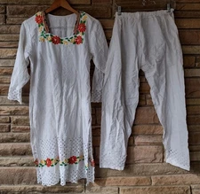 White Cotton Kurta Pant Set Embroidered Dress Top Tunic Eyelets Pearls Sz S