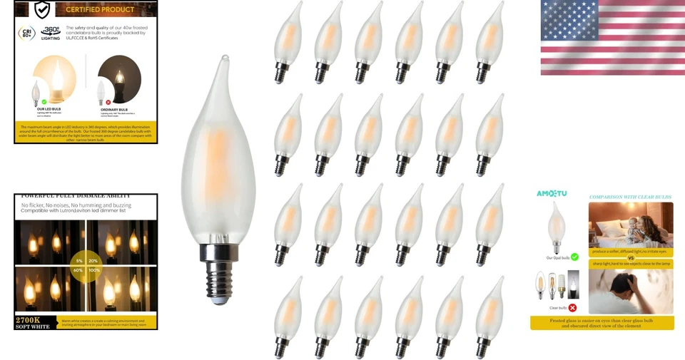 Soft White Dimmable E12 LED Candle Light Bulbs - 24 Count, Eye-Friendly Design - Image 2 of 4
