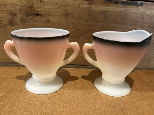 Vintage 6 Pc Lot Hazel Atlas Pink Black Ovide Sugar Creamer Tea Cups - Picture 3 of 9