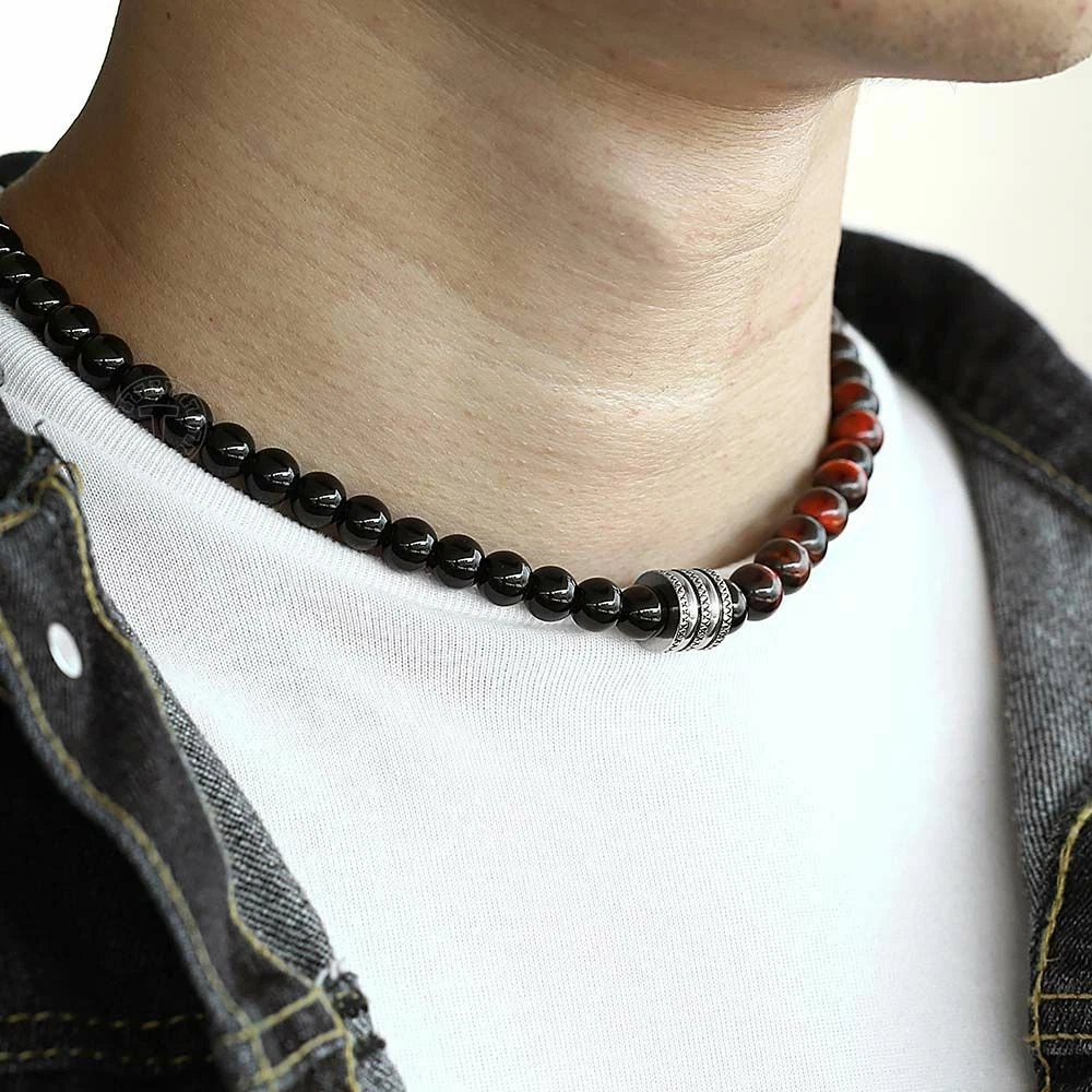 Stainless Steel Mens Bead Necklace Natural Stone Necklaces Black Chokers  Jewelry