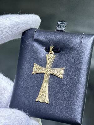 14k Oro Amarillo Macizo Único Mano Grabado Cruz Charm Colgante 3.3 Gramos Regalo