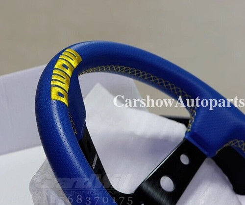 MOMO 350mm 14' Genuine Leather Deep Cone Blue CoverEmbroide Sport Steering Wheel - Picture 7 of 9