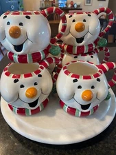Fitz and Floyd “Milk & Cookies” Ceramic Happy Face Snowman Mugs, set of 6, EUC