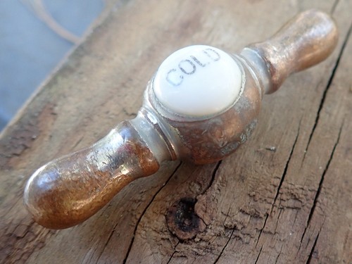 Vintage Set of Hot & Cold Bar Shaped Handle Nickel Plated Brass Porcelain Center - Picture 2 of 7