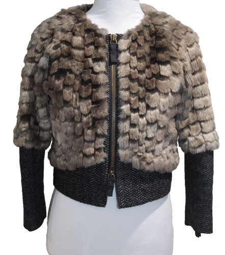 Juicy Couture Women's Faux Fur Hoodie Jacket Petite Small Herringbone Y2K Brown - Picture 9 of 9
