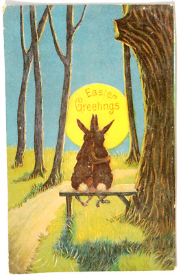 10342 Postkarte Ostern Osterhasen Paar Easter Greetings Easter bunnys um 1920