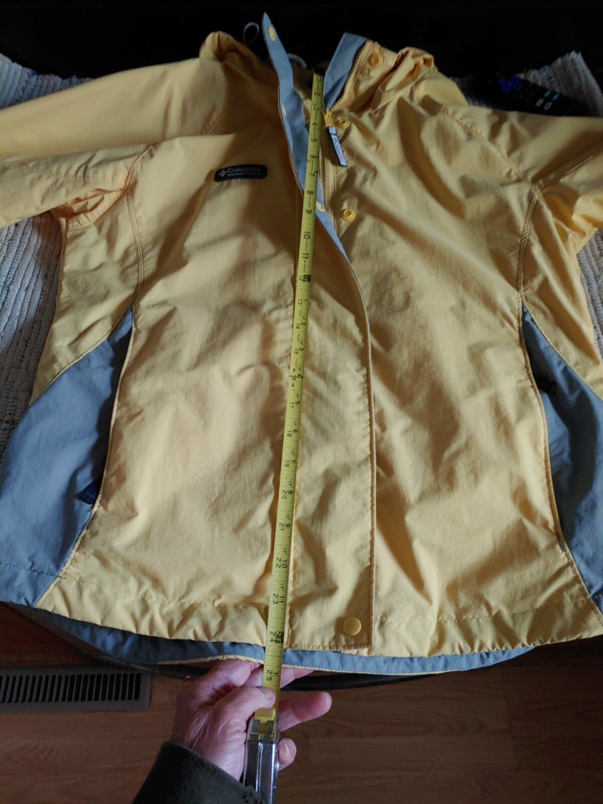 Columbia Womens M Hooded Yellow Gray Waterproof Raincoat Packable Jacket Coat 