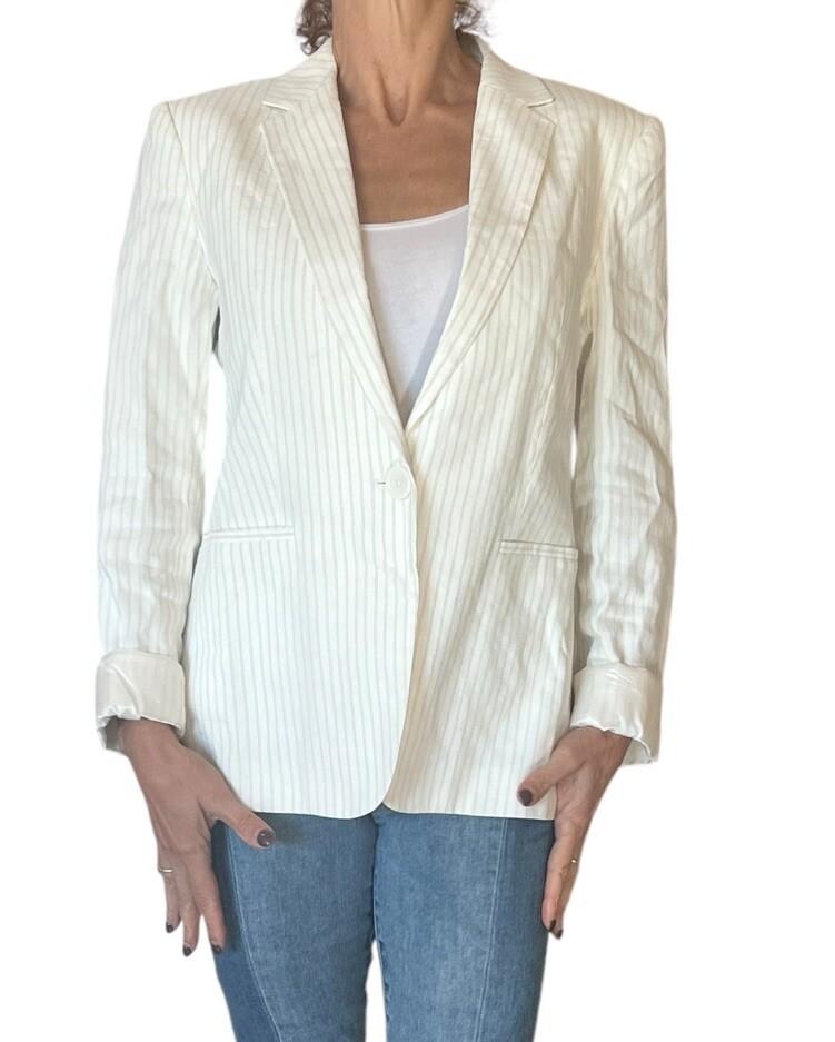 Massimo Dutti Women's Blazer Jacket White Brown Pin Striped Slim Fit 6088 Sz 8