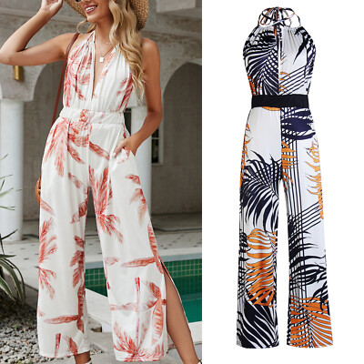 Women Floral Print Deep V-neck Jumpsuit Rompers Backless Sleeveless Summer Beach
