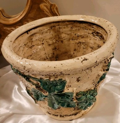 Rustic Floral Ceramic Planter Hand Made Desgin( 3 D), H.9.5'' Diameter 10''