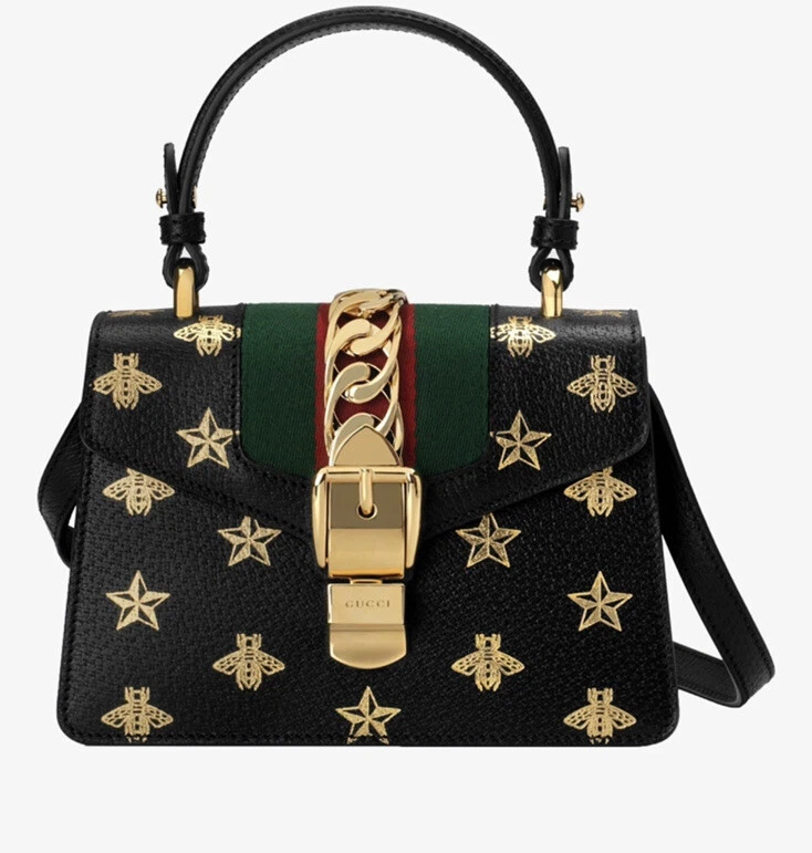 Gucci Black Bee Star Print Leather Small Sylvie Shoulder Bag Gucci