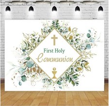First Communion Green Leaves Backdrop God Bless Baptism 7'x5' Vinyl Photography