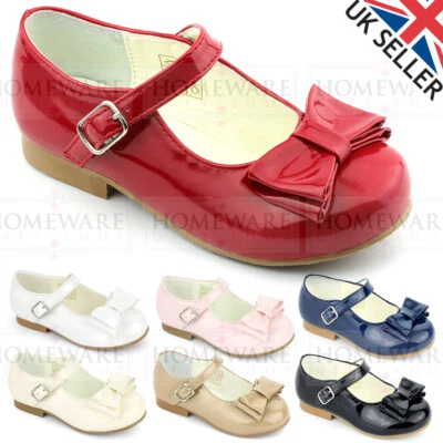 GIRLS SPANISH STYLE BOW SHOES MARY JANE PINK WHITE CAMEL NAVY BLACK SIZE UK 4-2
