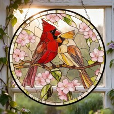 Cardinals Suncatcher Glass Window Hanging Decor Bird Art