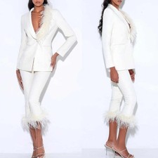 Feather Trim Cropped Pants Suit White Peak Lapel Blazer Women New Year Eve Party