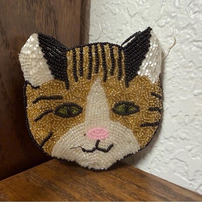 Beaded Cat Face coin purse - Black, White, Tan