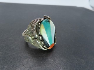 Vtg Sterling Silver & Multistone Inlay Eagles Ring Size 10.25 18g