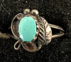 Vintage Navajo Woman's Sterling Silver Leaf & Bead Turquoise Ring Size 7