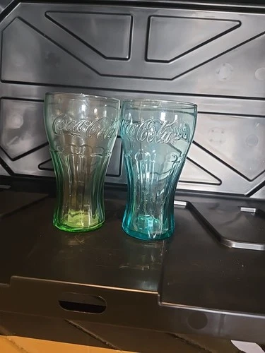 Vintage Set of 2 Coca Cola Soda Drinking Glasses Green Tinted 6” Tall