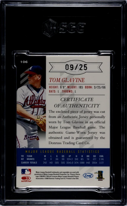 2003 Leaf Limited Tom Glavine Threads Prime /25 #106 SGC 8 - Image 2 of 2