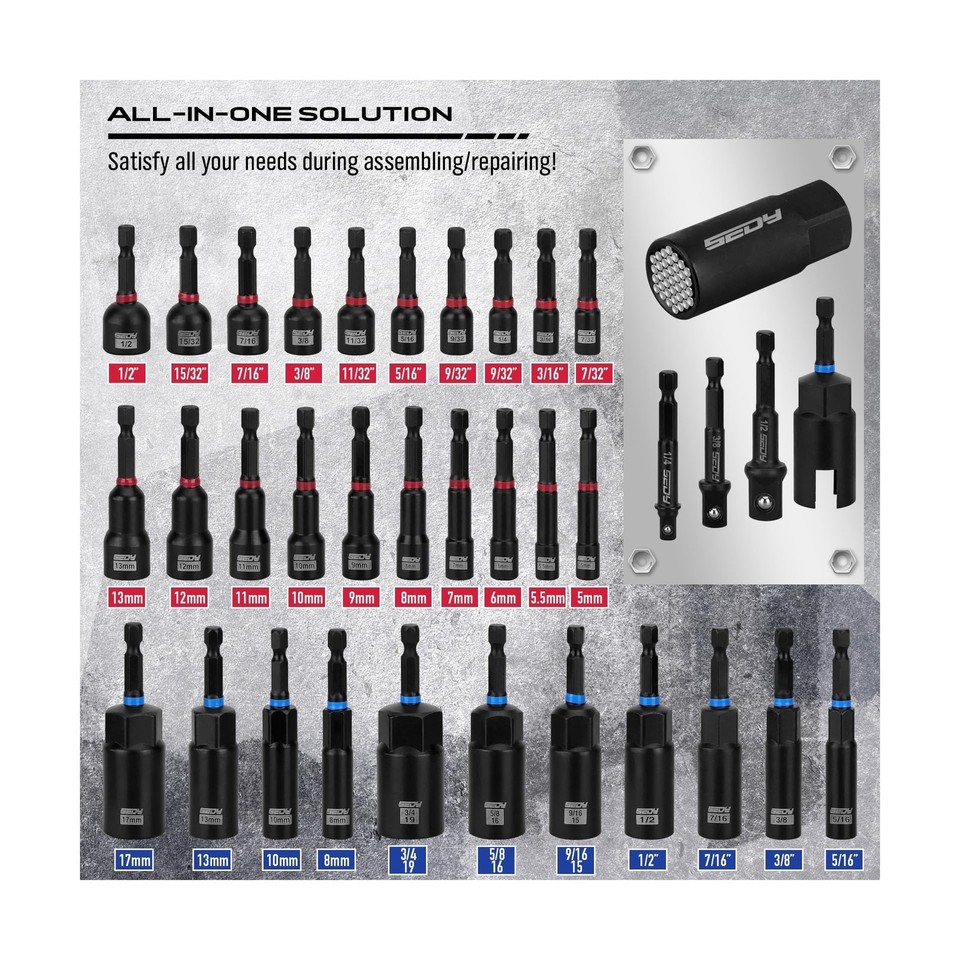 80-Piece Premium Magnetic Impact Nut Driver Set Metric & SAE with ...