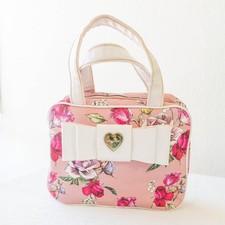 Betsey Johnson Floral Cosmetic Bag Pink Rose Print Bow Heart Zip Case
