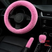 Fluffy Steering Wheel Cover 3PCS Set   Plush Fuzzy Fur Steering Wheel PINK