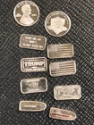 Lot of 10 One - 1 gram Ea. .999 Pure Silver Bars Rounds - Mix Of Designs #0996