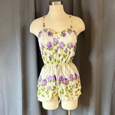 Vtg 1940s Floral Print Lace Pin-Up Swim Bathing Suit Playsuit Romper XS