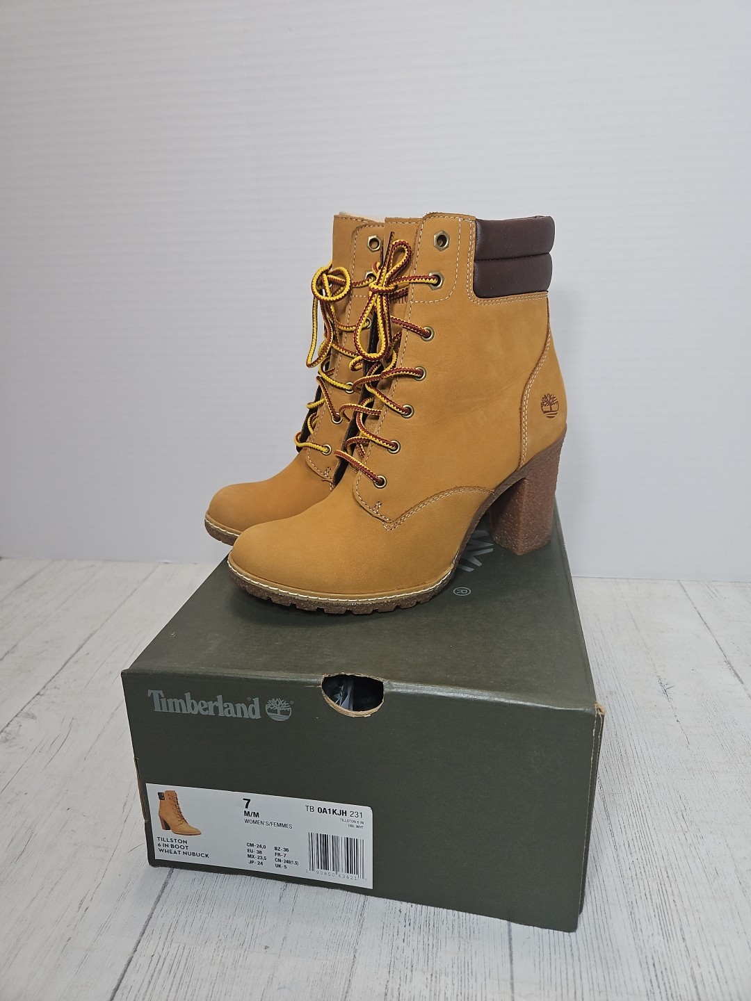 "Timberland Tillston 6\" Wheat Nubuck Leather Heel Boots 0A1KJH Womens Size 7 NEW!"