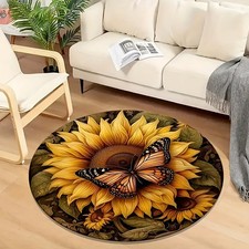 1-2pcs Vibrant Sunflower Butterfly Round Flannel Mat, Machine Washable Polyest