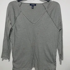 Chaps Womens Green White Striped Pull Up Sides 3/4 Sleeve V-Neck Shirt Size Larg