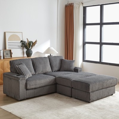 84Inch Corduroy 3-seater sofa With 3 back pillows ,2 toss pillows , 2 ottoman