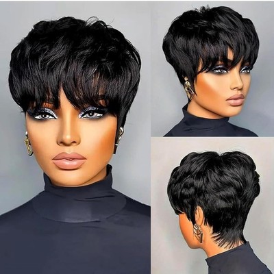 Pixie Cut Wig Human Hair Wear and Go Glueless Wigs Human Hair with Bangs Pixi...