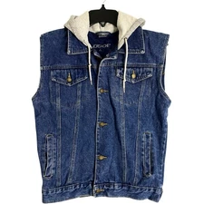 Jordache Hooded Denim Vest Boys L 16_18 Blue Jean Button Up Pockets Y2K Biker