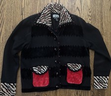Vintage Berek Black Chenille, Zebra And Red Trim Cardigan Sweater M