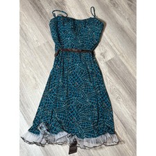 Alyn Paige New York Teal Dress Brown Belt Ruffle Hem Party Medium Y2K