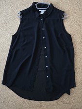 Damen Bluse Gr.40 H&M Oberteil Chiffon ärmellos Schwarz A-Linie leicht Sommer 