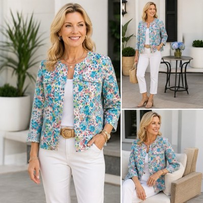 Ruby Rd Woman 18W Multicolor Shimmery Print Button Front Jacket Topper