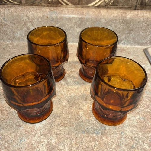 Vintage Anchor Hocking Georgian Tumblers Amber Set of 4 Honeycomb Pattern