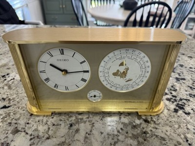 VINTAGE SEIKO JAPAN QUARTZ WORLD TIME BRASS DESK CLOCK QQZ276G RARE WORKING