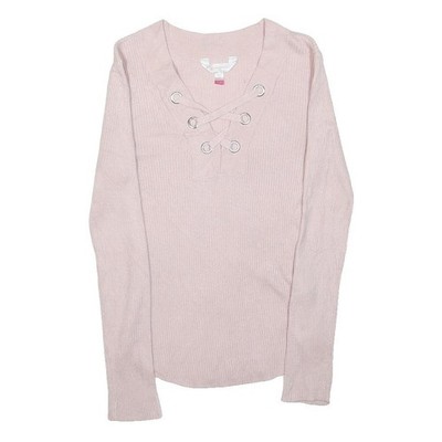 NO BOUNDARIES Damen Pullover rosa Schnürung uni Rundhals Basic Strick XS