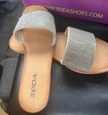 SODA Women's Slide Sandals Slip-On Glitter Straps Flat Solid Silver/Tan
