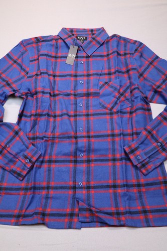 NEW Boohoo Men's Blue Plaid Check Flannel Button Down Shirt Top Size XL