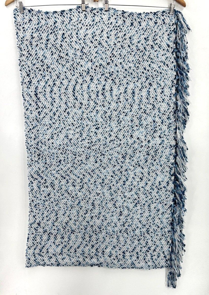 Max Studio Home Throw Blanket Soft Knit With Fringe Blue White
