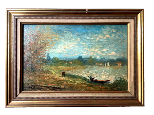French Impressionism Animated Seaside Lake Original Oil Paul FLAUBERT